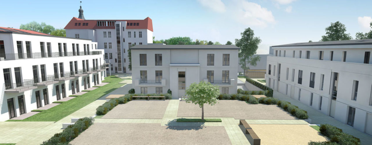 Das Foto zeigt 3D-Modelle einer neuen Nachbarschaft in Babelsberg. Man erkennt 4 moderne Mehrfamilienhäuser.